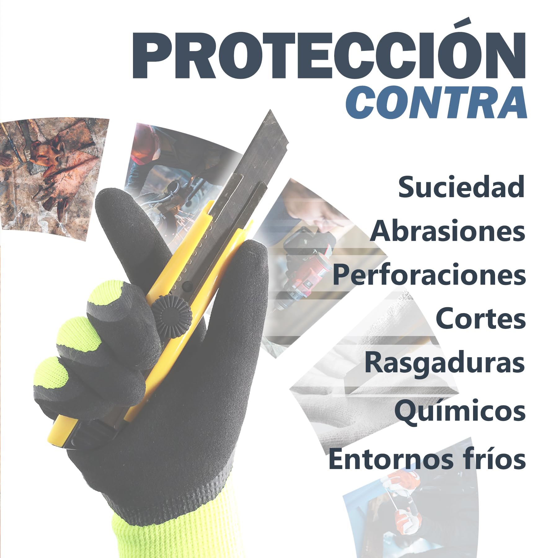 Guantes con CAT 2 de Protección Ideales para Fontanería, Mecánica, Almacén, Manejo de Cajas, Guantes de trabajo Antideslizantes en Poliéster y Látex, Duraderos, Cómodos y Ligeros.