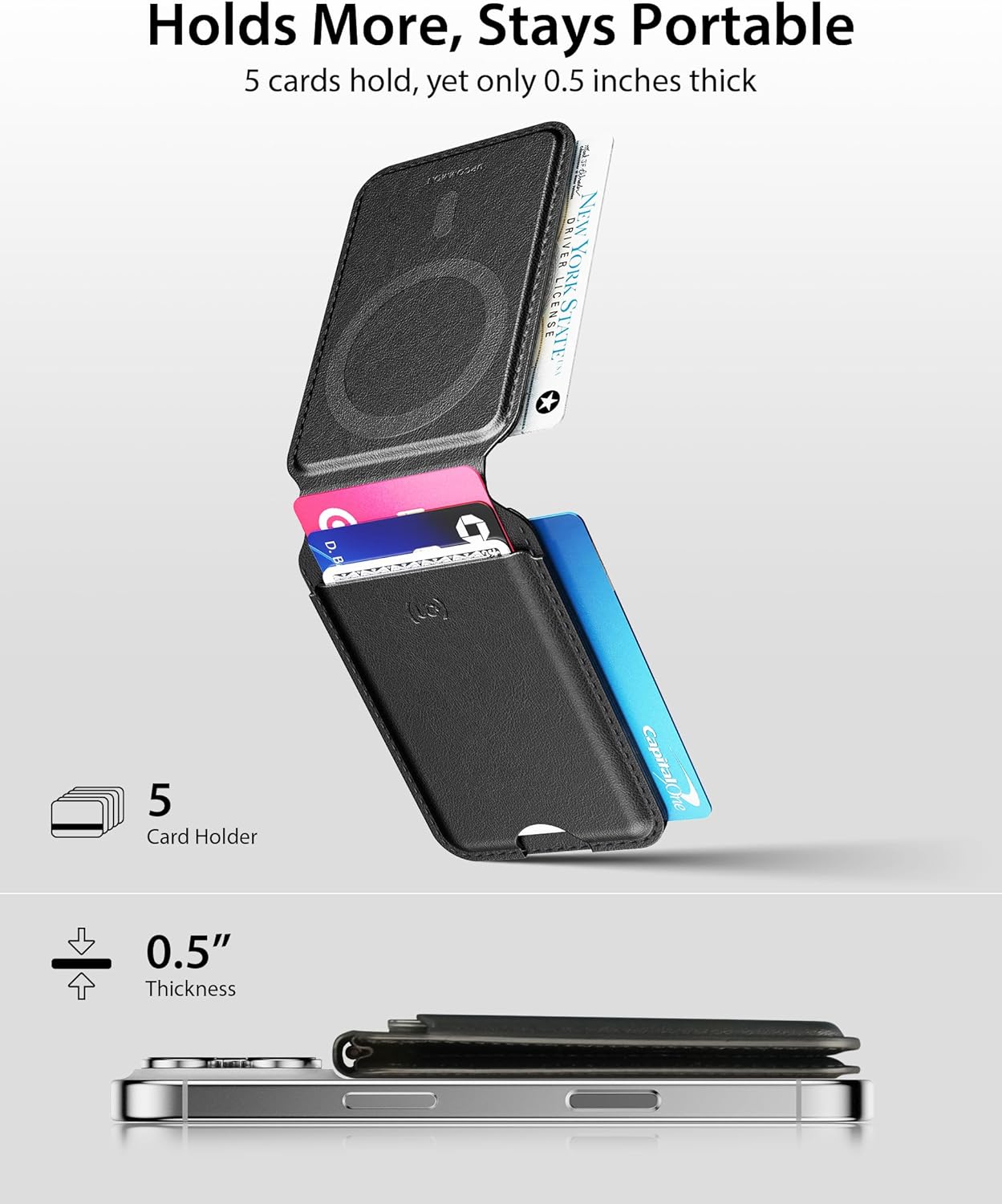 Enclave Wallet Stand for iPhone 17/16/15/14/13/12 Series, Compatible with MagSafe, Magnetic 5 Card Holder, Adjustable Stand, RFID Blocking, Microfiber Leather (Black)