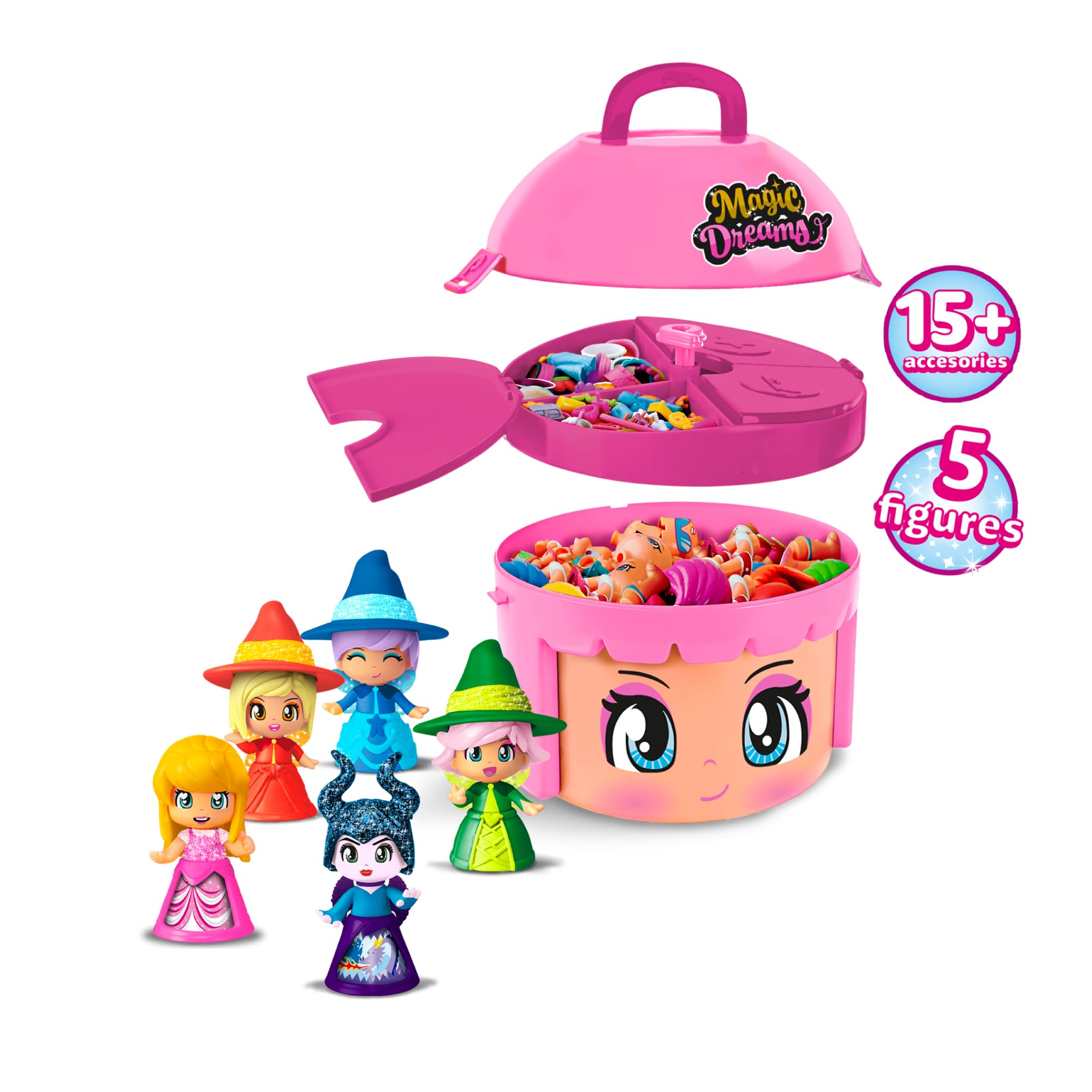 Pinypon - Magic Dreams, 5 Figuras Exclusivas con los Personajes Principales de la Bella Durmiente, Incluye Pequeños Accesorios, Contenedor y Bandeja con Compartimentos, +3 años, Famosa (PNY88000)