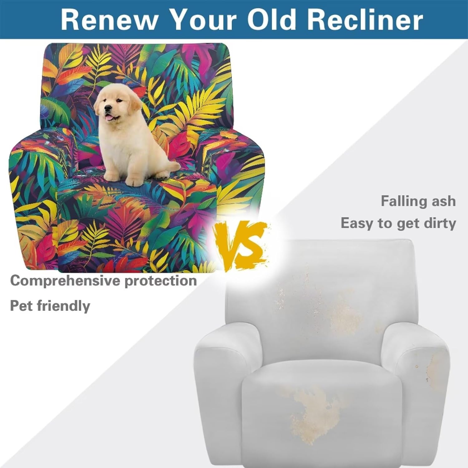 Talayituse Tropical Palm Levaes Print Recliner Cover 4 Pieces Lazy Boy Chair Covers Breathable Recliner Sofa Slipcover Anti-Slip Fitted Furniture Protector with Elastic Bottom