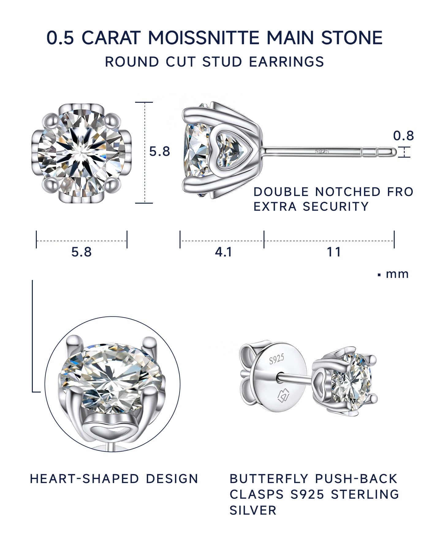 MomentWish Moissanite Ohrringe Silber 925 Ohrstecker Damen Diamant Stecker | 1-4 Karat Ohrring Damen Echt Silber Hypoallergen Schmuck Geschenk für Frauen Weihnachten Valentinstag 4/5/6.5/7.5/8mm