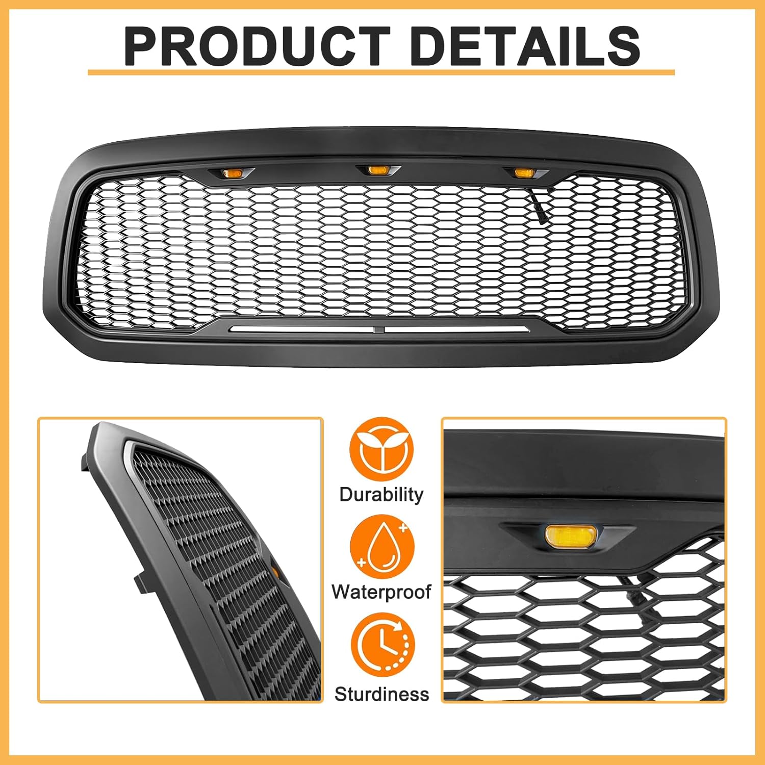 Front Honeycomb Grill for Dodge Ram 1500 2013-2018 Dodge Ram 1500 Classic 2019-2021 Grille Matte Black with LED Lights