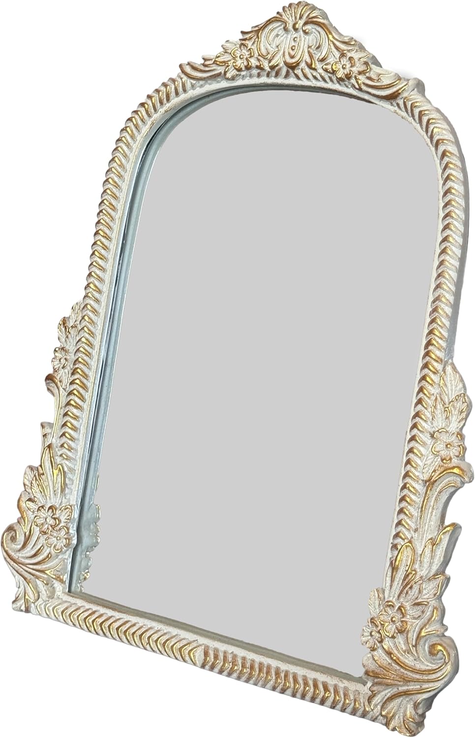 Baroque White Vintage Vanity Mirror 13x10 Inch, Wall-Mounted & Tabletop Dual-Use, Ornate Gold Accent Retro Decorative Mirror for Bedroom Dresser, Bathroom, Living Room and Dorm