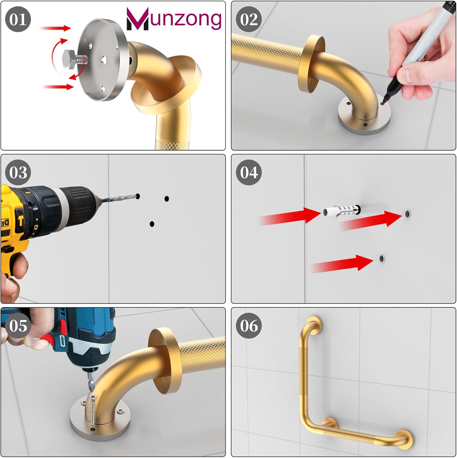 16" Angled Gold Bathroom Grab Bars for Shower with 20" Straight Munzong Toilet Handicap Grab Rail,Anti Slip Stainless Steel Knurled Safety Handle Support Elderly Injury Senior