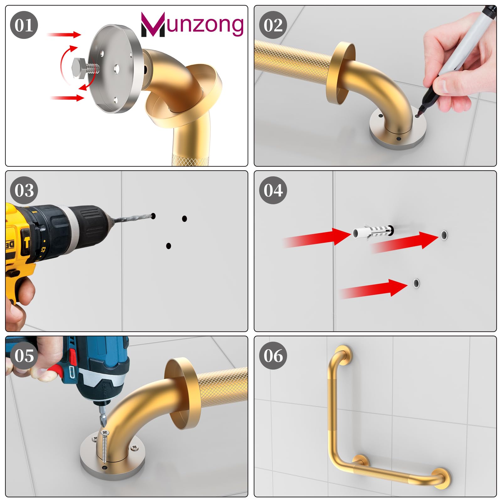 Munzong - Barras de agarre doradas para bañeras y duchas, barra de agarre en ángulo de 16 pulgadas, mango de seguridad estriado de acero inoxidable antideslizante para personas mayores