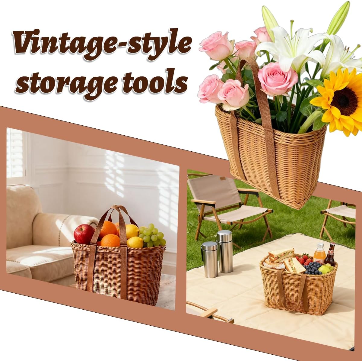 2 Pcs Plastic Wicker Shopping Basket with Handle12"x 8.5"x 6"Hand-Woven Plastic Picnic Basket Reusable Camping Market Basket for Groceries Organization Decor Camping Lightweight Wicker Tote