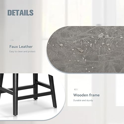 Miniatura 7 de Juego de 2 taburetes de bar de madera maciza gris para taburetes de bar de altura de encimera de cocina con asiento de silla de montar de piel