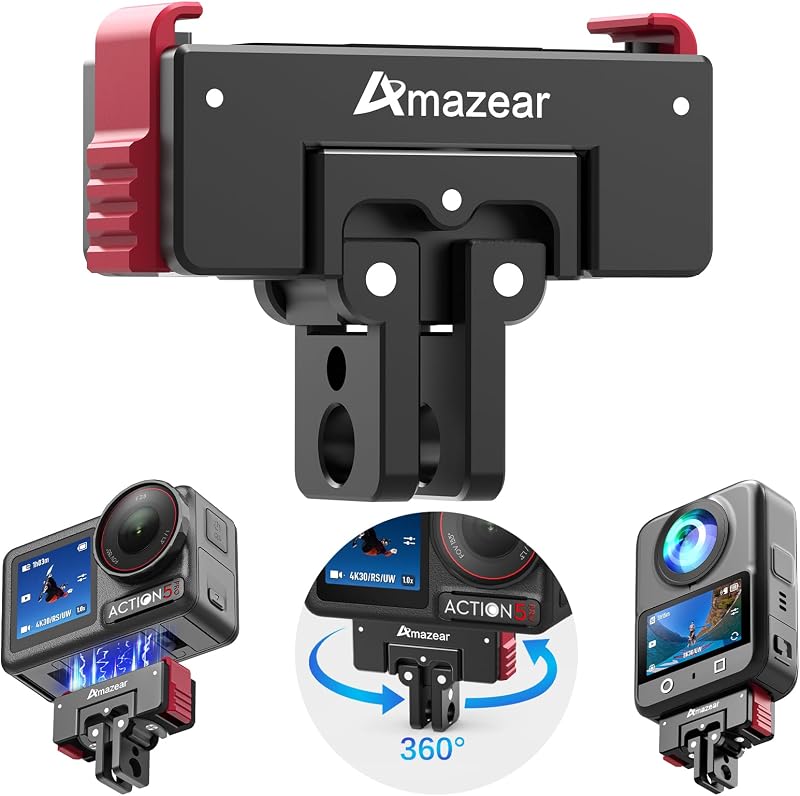 AMAZEAR 360° Rotation Metal Quick-Release Mount for DJI OSMO Action 5 Pro/Xtra Edge Accessories, Upgraded Aluminum Magnetic Adapter, Compatible with DJI OSMO 360 / Action 3/4, Black-Red