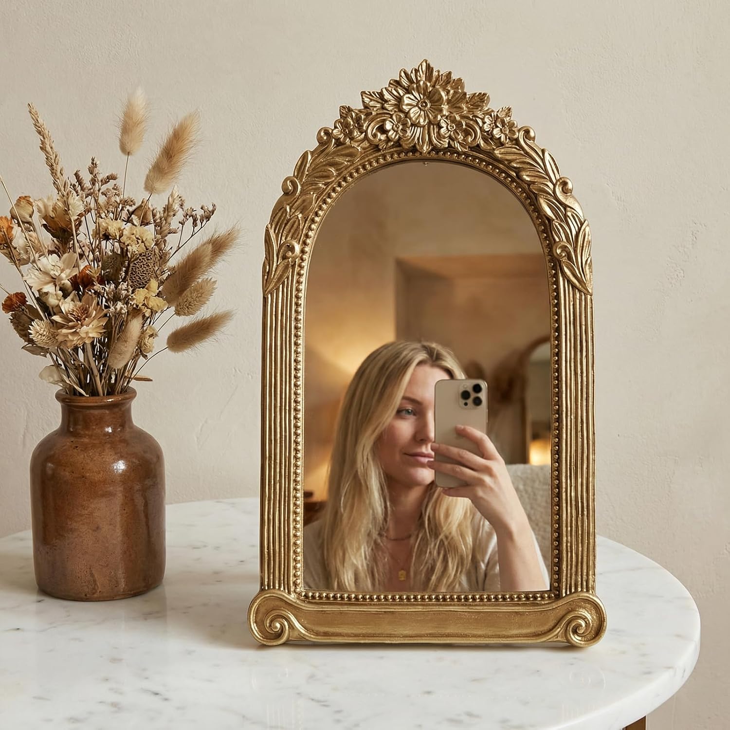 Small Gold Vintage Mirror for Desktop, 10" x 7" Antique Tabletop Vanity Mirror with Stand, Ornate Embossed Decorative Makeup Mirror for Dresser, Bedroom Aesthetic Room Decor