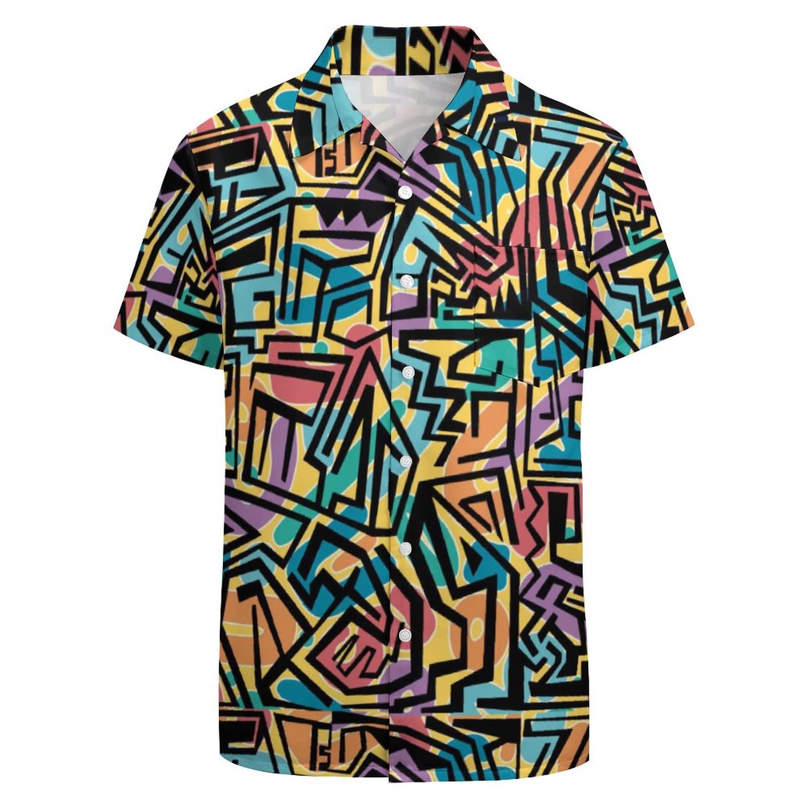 Larsd Men's 80S Geometric Yellow 80S 90S Button Up Hawaiian Beach Shirt For - Vintage Retro Neon Disco Party Shirt, Xxl