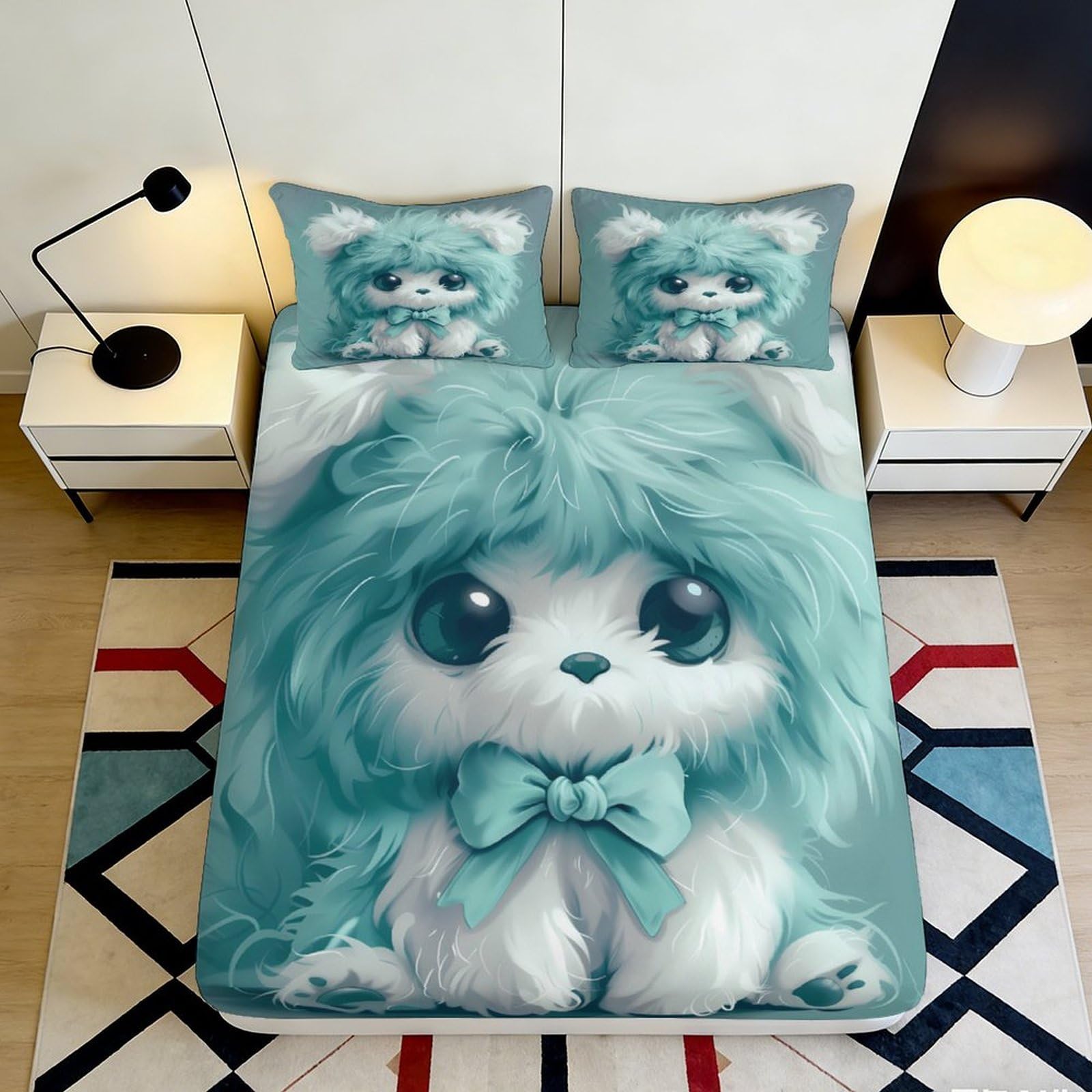 Qjzxknhpgr Style-1 3D Printed Cute Blue Puppy Fitted Sheet Microfiber Soft Anti-Slip Bed Cover For Bedroom Dorm Mattress Decor 90X200x25cm