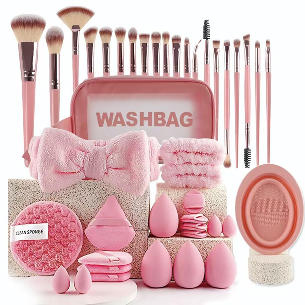 Beauty Tools Coffee Brown 40-Piece Set Complete Makeup Brush Collection Professional Foundation, Eyeshadow, Concealer & Blush Brushes Sponge Set (W1052-Pink-42)