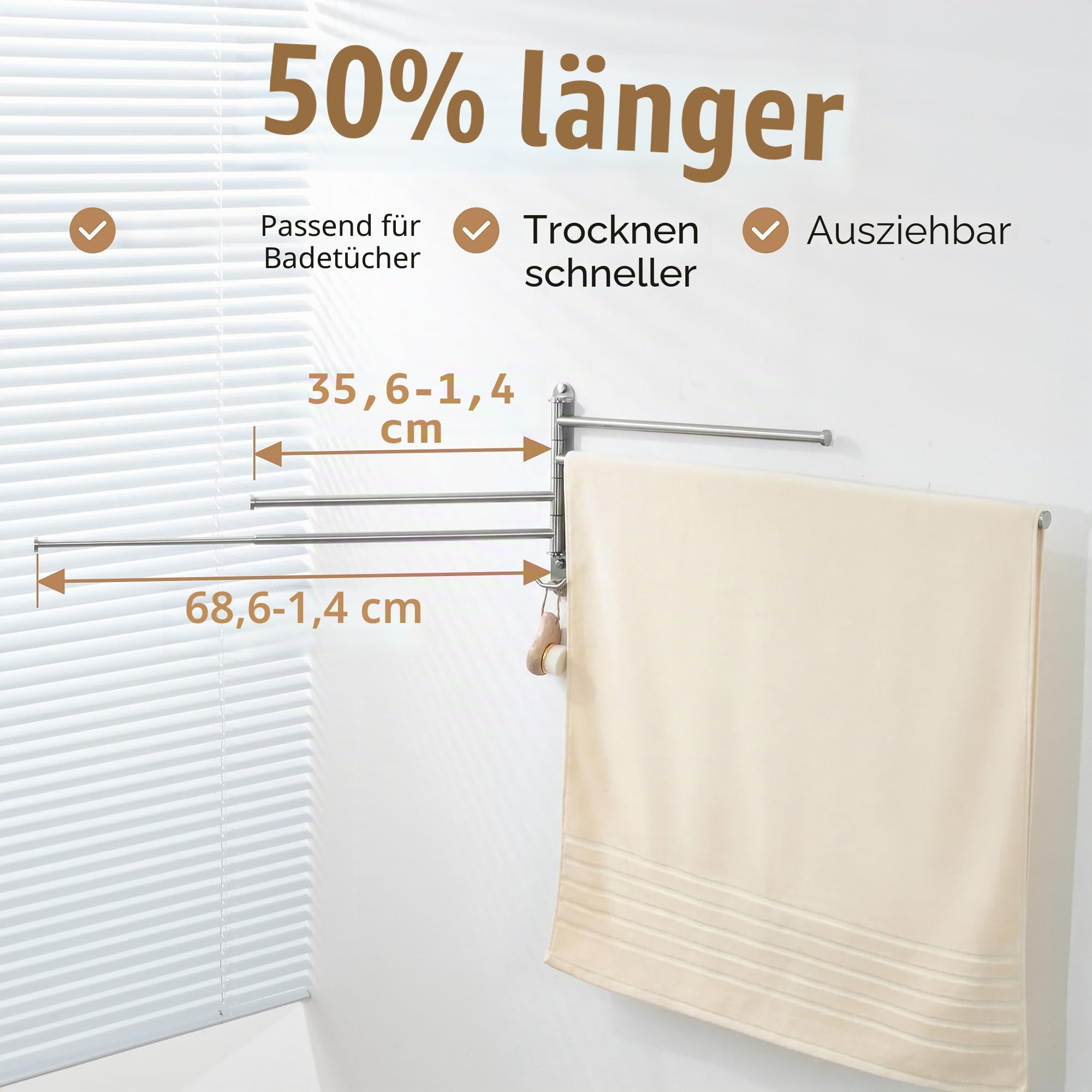 KES Verstellbarer Schwenkbarer Handtuchhalter, 4-armig 36 bis 70 cm, Ausziehbare Handtuchstange für Badezimmer, Schwenkbarer Handtuchhalter, Edelstahl 18/8 Gebürstete Oberfläche, A2107S4L70-2