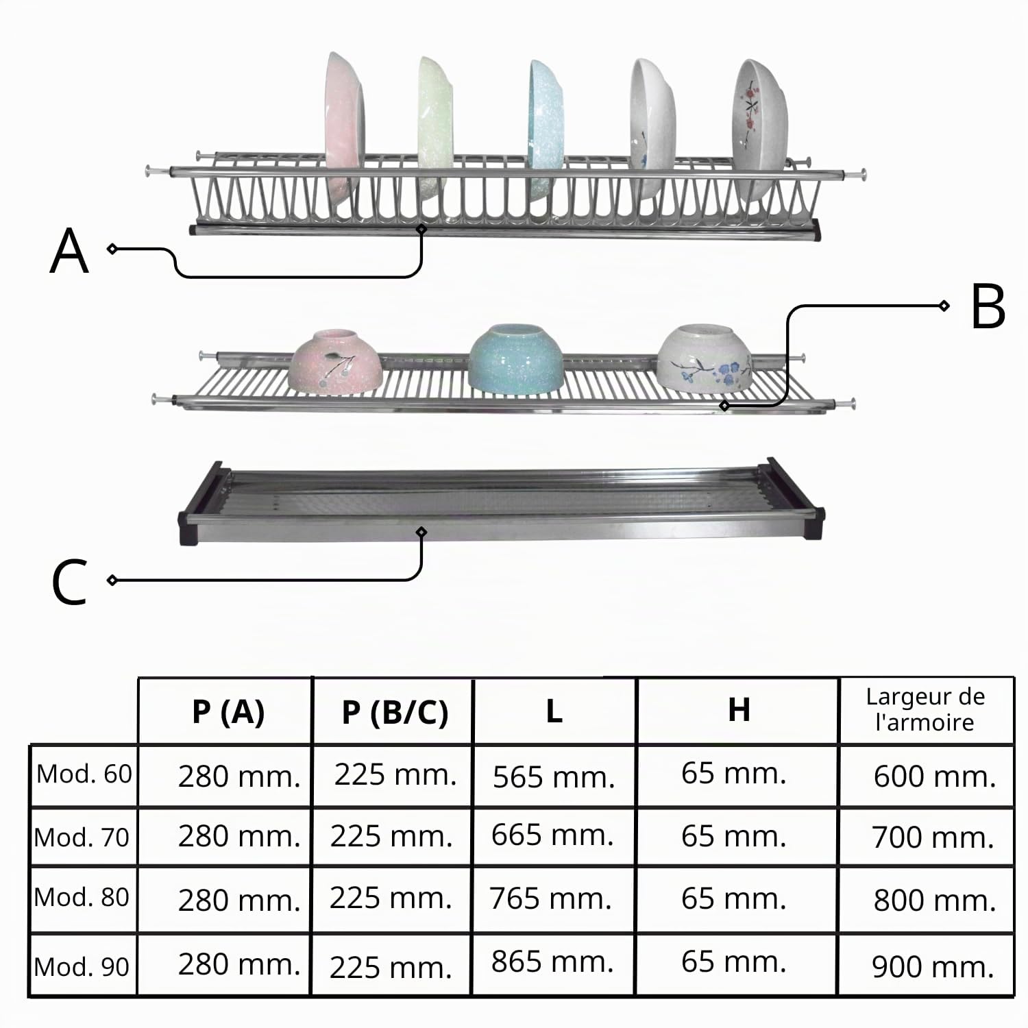 Evotrade Égouttoir à vaisselle encastrable en acier inoxydable avec ressorts réglables Pour meuble suspendu Kit récupérateur de gouttes et grille à verres