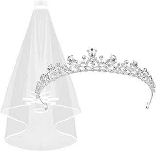 Tiara and Lace Bridal Veil, Crown Wedding Veils and Headpieces for Women, Rhinestone Headband with Wreath Crown Veil, Princess Decorations for Girls Crystal Crown for Bachelorette Bridal Party