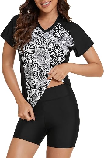 Tournesol Womens Two Piece Rash Guard Short Sleeve UPF 50+ Swim Shirt Bulit in Bra Swimsuit with Boyshorts Bottoms
