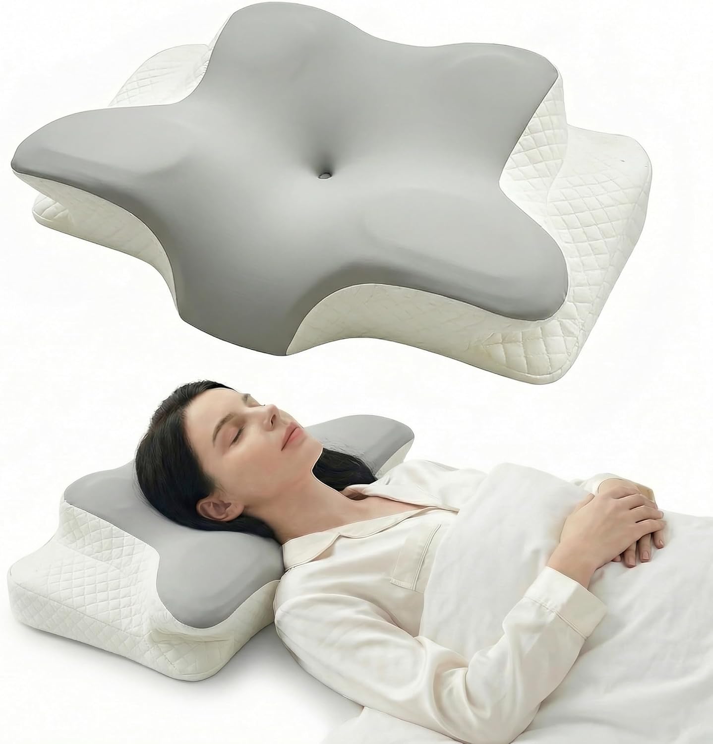 Ergonomic Cervical Neck Pillow, Cooling Memory Foam Bed Pillow for Side and Back Sleepers, Neck and Shoulder Support for Comfortable Sleeping (White & Grey)