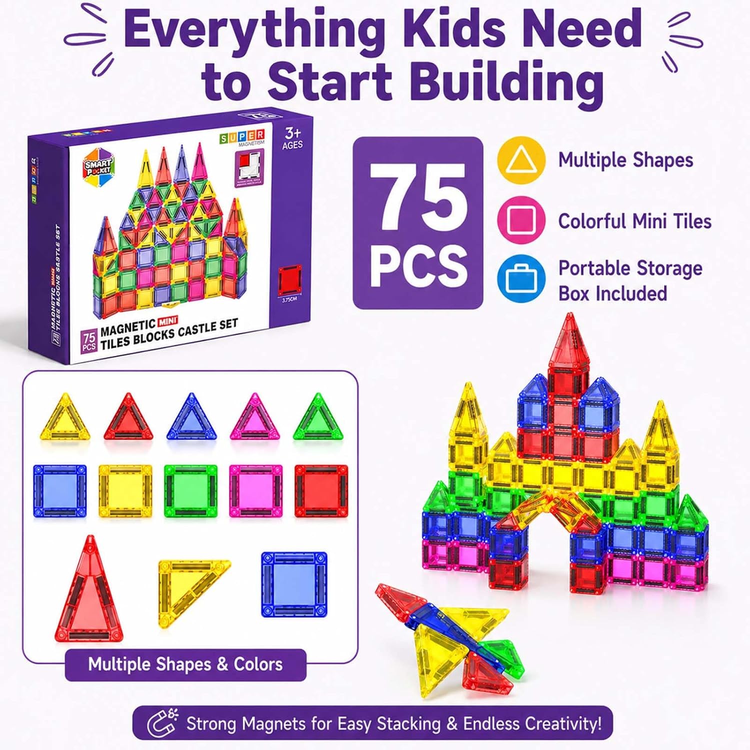 Mini Magnetic Tiles - 75 PCS Travel Magnetic Tiles, Micro Magnet Travel Toy for Kids Ages 3+, STEM Educational Building Set Construction Toys, Boys Girls Toddlers Birthdays Day Gifts image 3