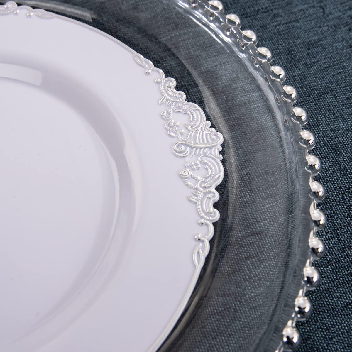 Hioasis 100pcs White Silver Plastic Plates for Party - 7.5" Dessert Plates Disposable, Heavy -duty, Classy and Elegant for Wedding - Image 4