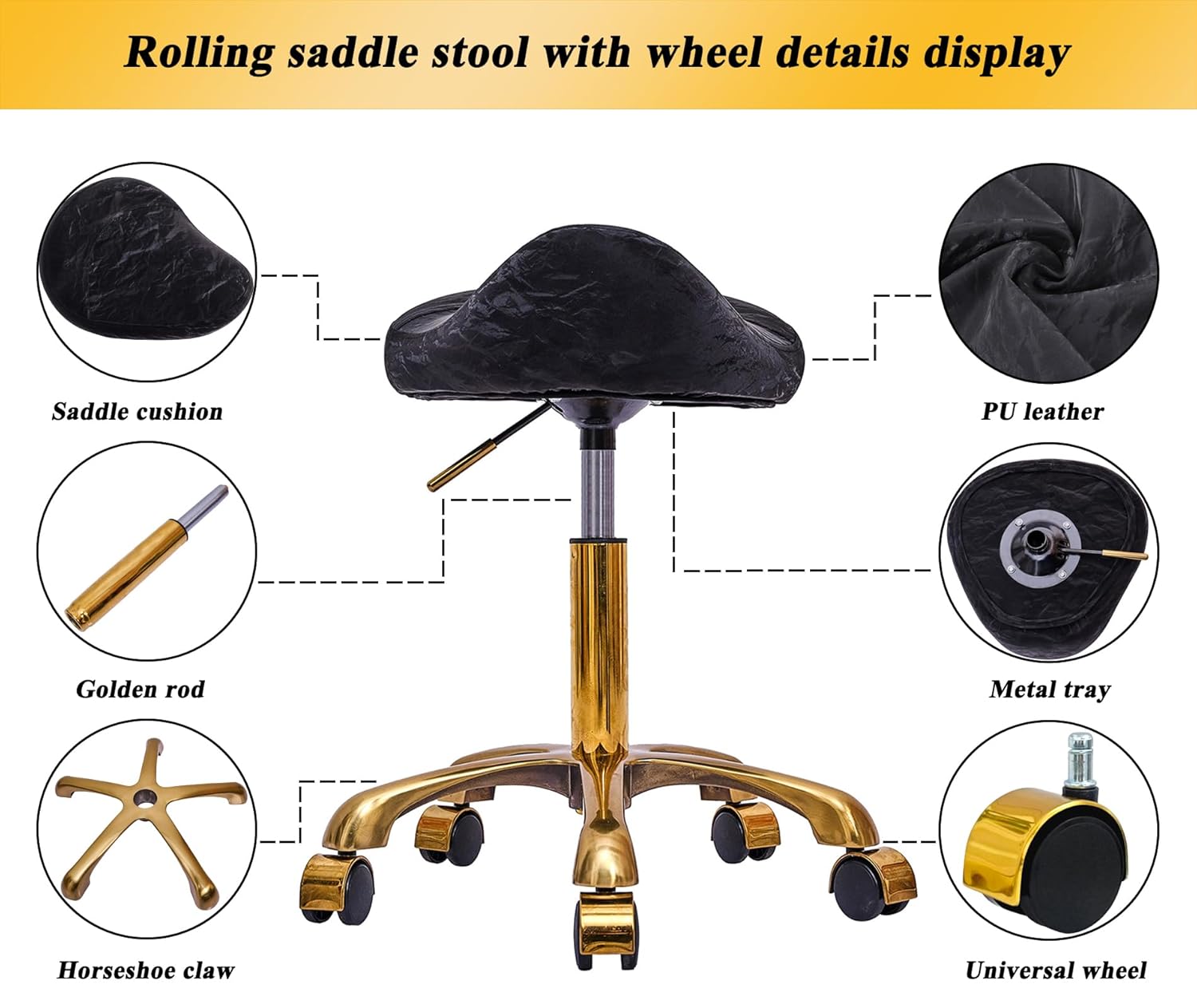 Hzlcmpy saddle stool gold rolling stool, pu leather roller vanity stool, height adjustable stool, pedicure, tattoo, massage, salon spa (black) with wheels Hzlcmpy saddle stool gold rolling stool, pu leather roller vanity stool, height adjustable stool, pedicure, tattoo, massage, salon spa (black) with wheels