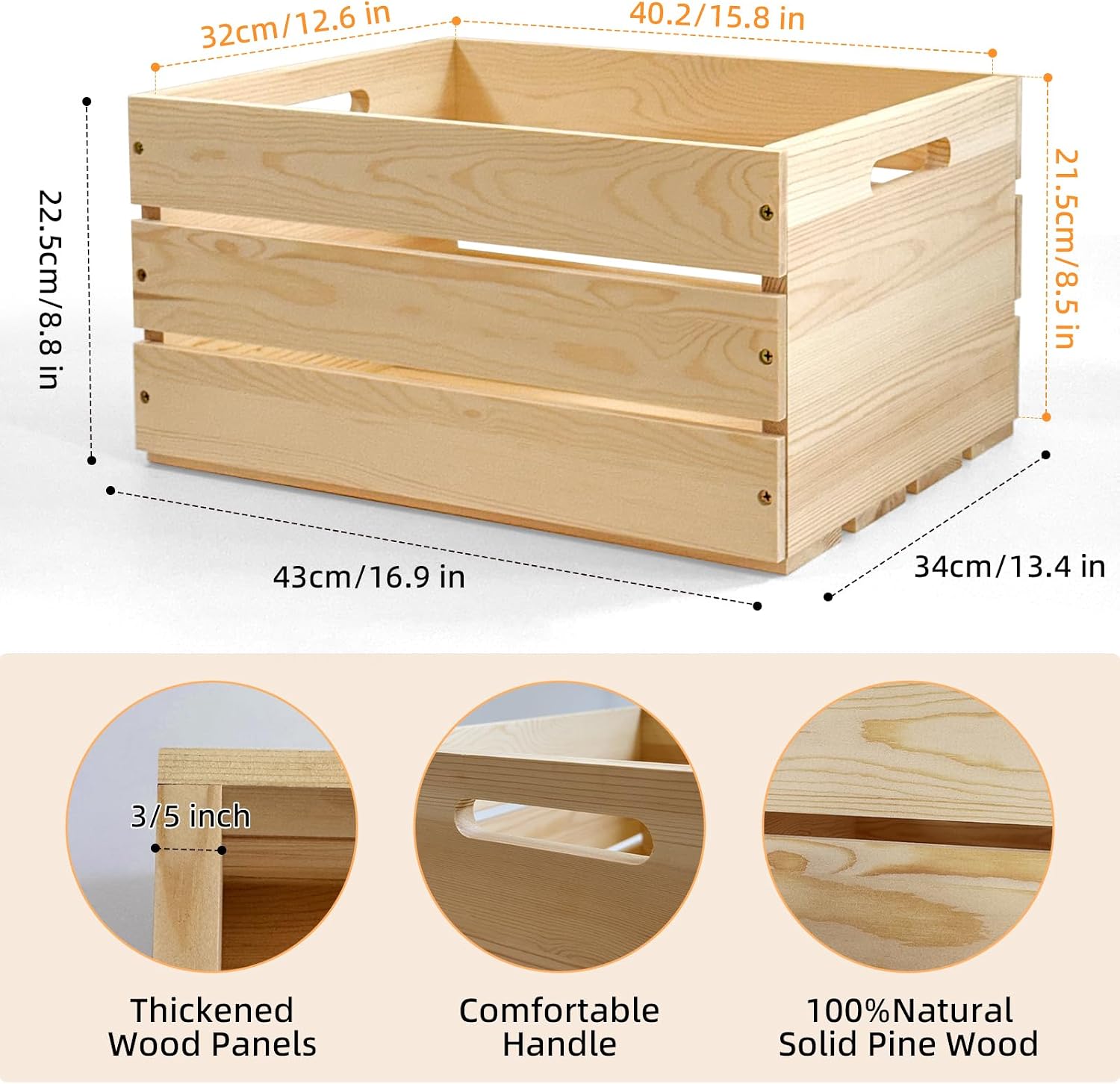 Large Wooden Crates with Handles, Natural Solid Pine Wood Crates for Storage, Decor, Wooden Milk Crate for Farmhouse, Vinyl Record Storage Crate (1)