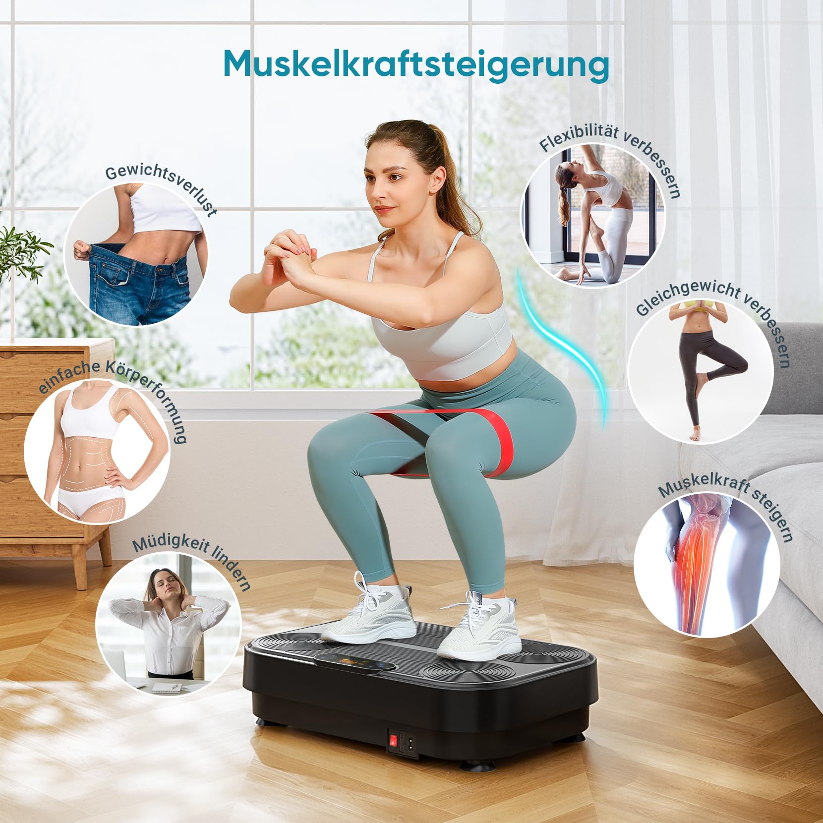 THERUN Vibrationsplatte, Rüttelplatte für Zuhause mit 99 Vibrationsstufen, Fitnessgerät für Muskelaufbau, Fettverbrennung & Ganzkörpertraining, inklusive 4 Fitnessbänder