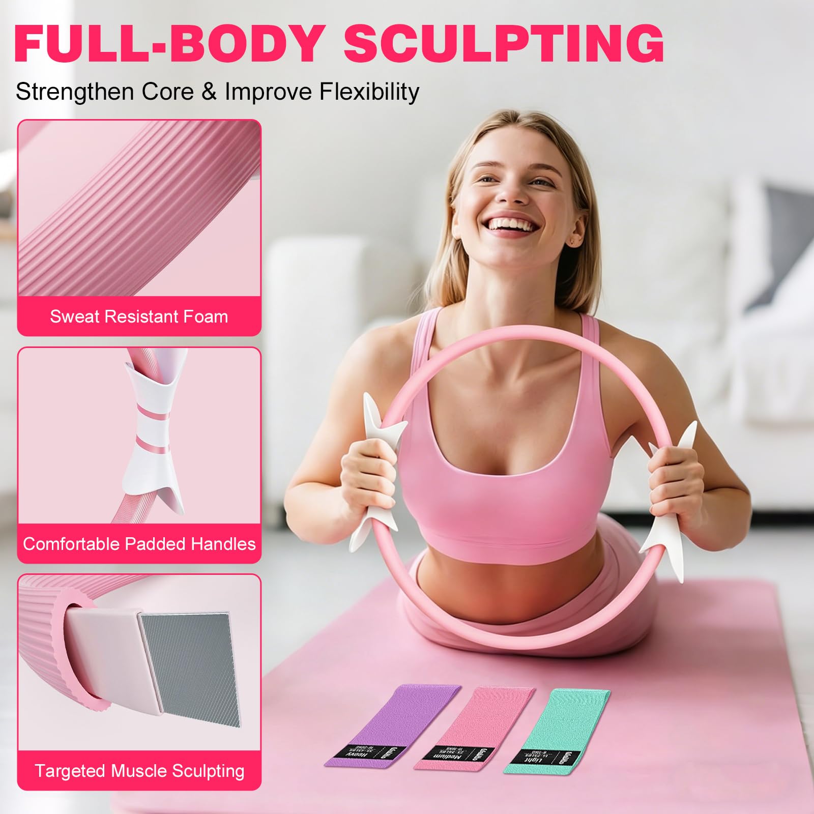 Pilates Ring Set, Pilatesring mit 35 cm Yoga Circle, Yoga Ball, 3 Fitnessbänders, Home Pilates Zubehör für Frauen