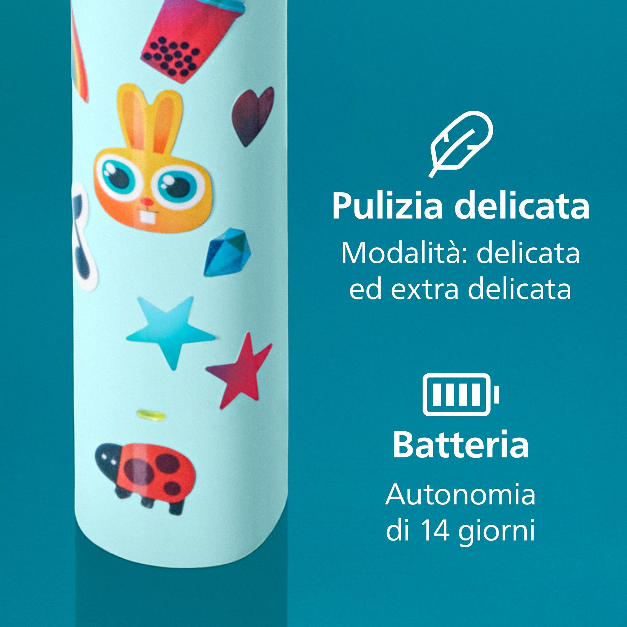 Spazzolino elettrico Philips Sonicare for Kids - Spazzolino sonico per bambini dai 3 anni in su, 2 modalità delicate, timer con audio da 2 minuti, 2 testine mini, verde acqua, modello HX6500/23