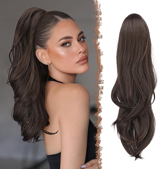 FESHFEN Zopf Pferdeschwanz mit Kordelzug, Natürlich Wellig Layered Haarteil Synthetik Dunkelbraun Haarverlängerung Clip in Ponytail Haarextension Haarzopf für Damen, 50cm