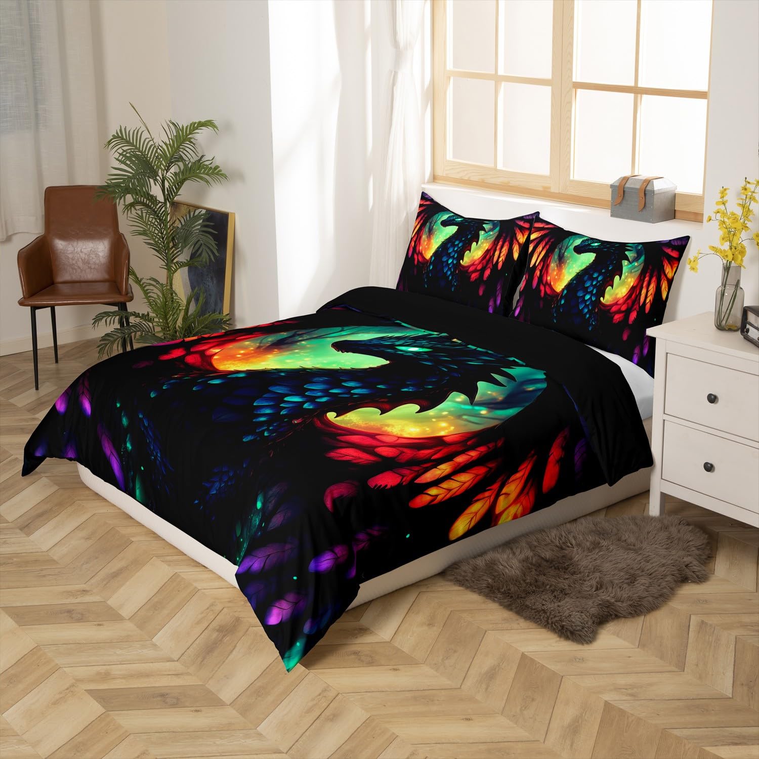 jejeloiu Western Dragon Bedding Set Dragon Scales Duvet Cover Toddler for Kids Boys Girls Teens Black Reptile Skin 3D Zipper Bedspread Cover with 1 Pillow Case Wild Animals Comforter Cover Set