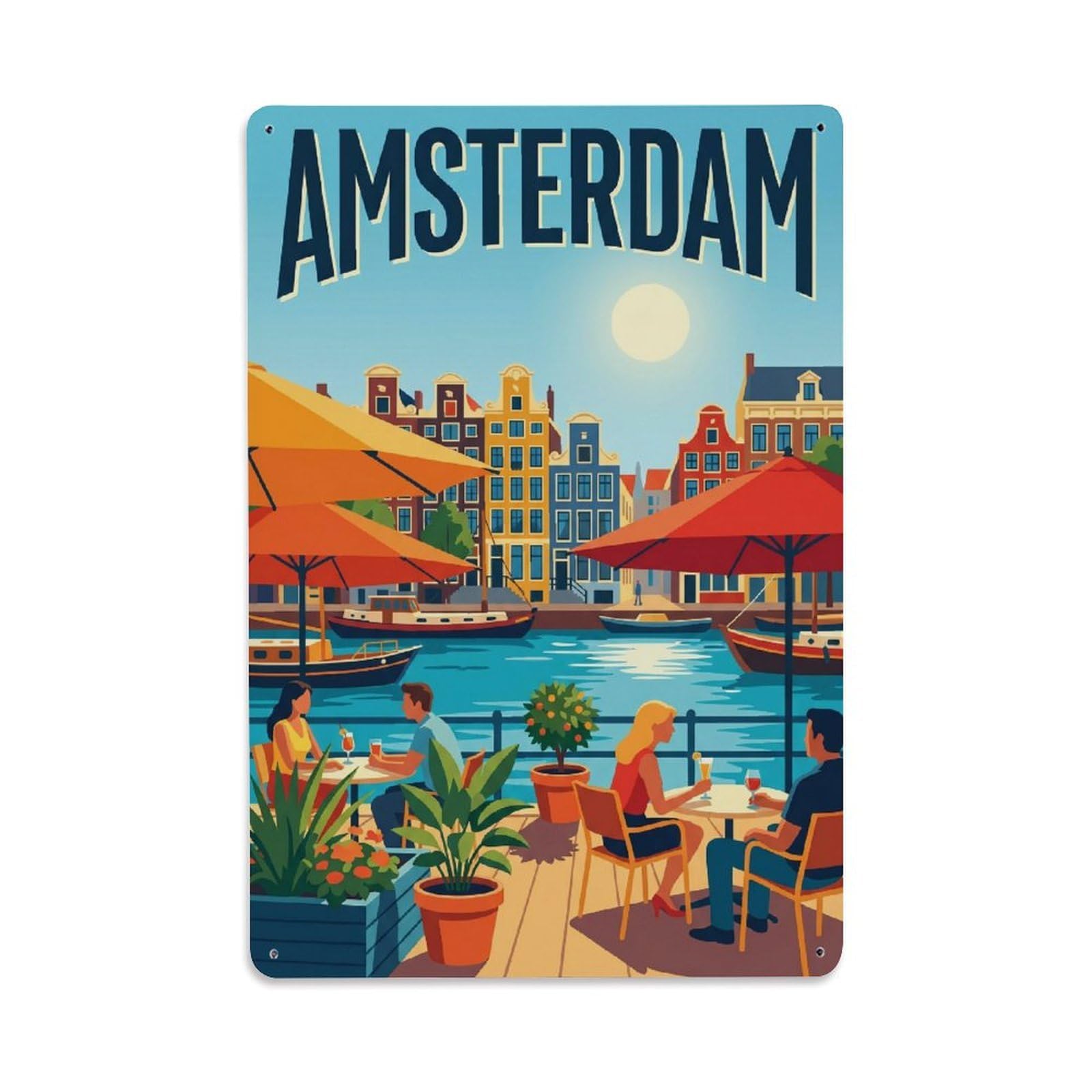 Okngb Style Canal Terrace Amsterdam Holland Vintage City Travel Metal Tin Sign Plaque Wall Decor For Cafe, Man Cave, Club Bar, Office, Home Garden Round Metal Poster 8X12inch