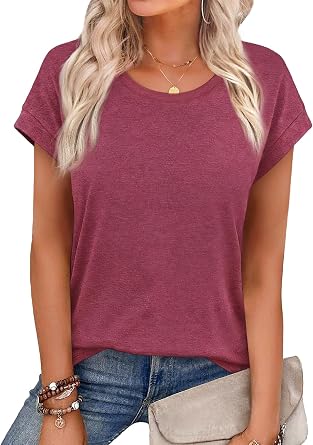 Women Short Sleeve Tops Crew Neck T Shirts Summer Basic Tees Casual Outfits