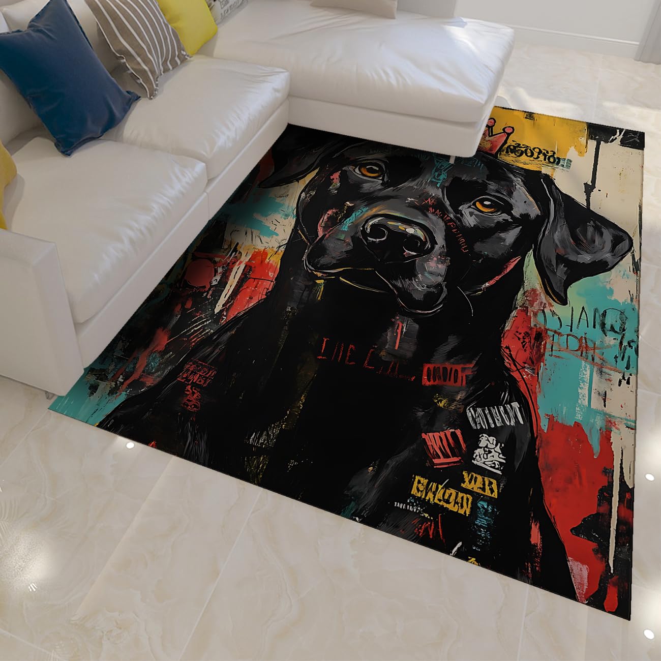 Tapis 180x240cm poils bas graffitis rétro avec grand chien mignon