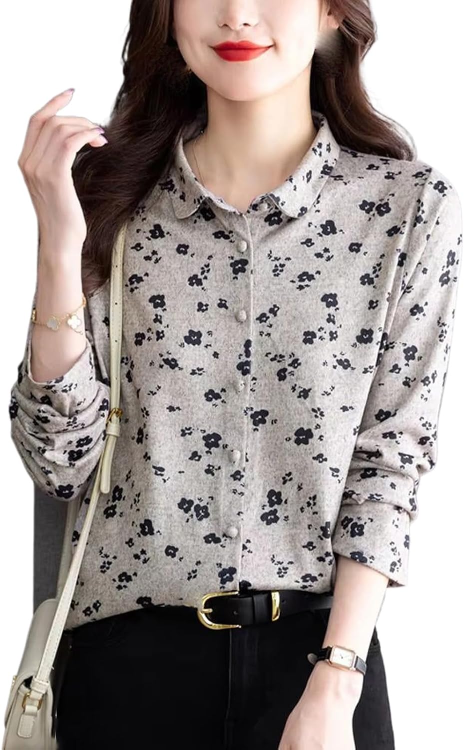 Women's Spring Vintage Floral Printed Blouse Cotton Shirt Korean Blouse Casual Long Sleeve Top