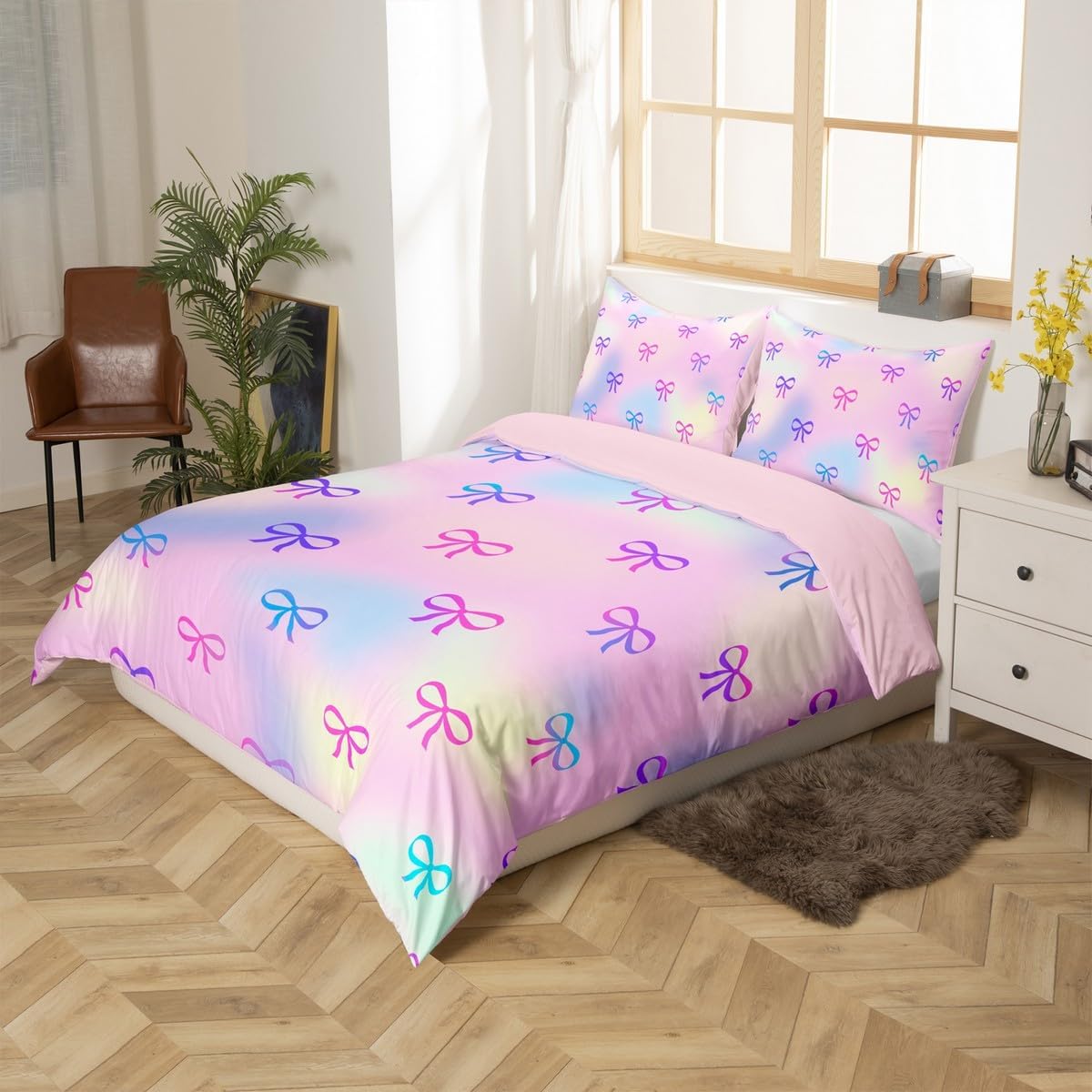 Erosebridal Colorful Gradient Toddler Duvet Cover for Girls, Pastel Rainbow Bedding Set for Kids Teens Women, Iridescent Bowknot Printed Bed Sets, Cute Princess Bedroom Decor, Soft Microfibre