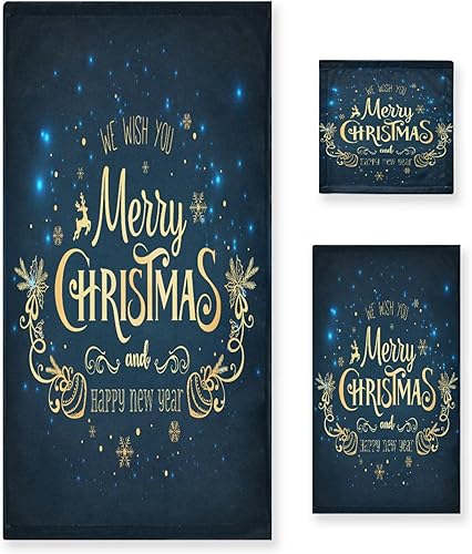 Miniatura 1 de Juego de 3 toallas azules de Feliz Navidad, toallas suaves altamente absorbentes con toalla de baño, toalla de mano y toalla para baño, hotel,