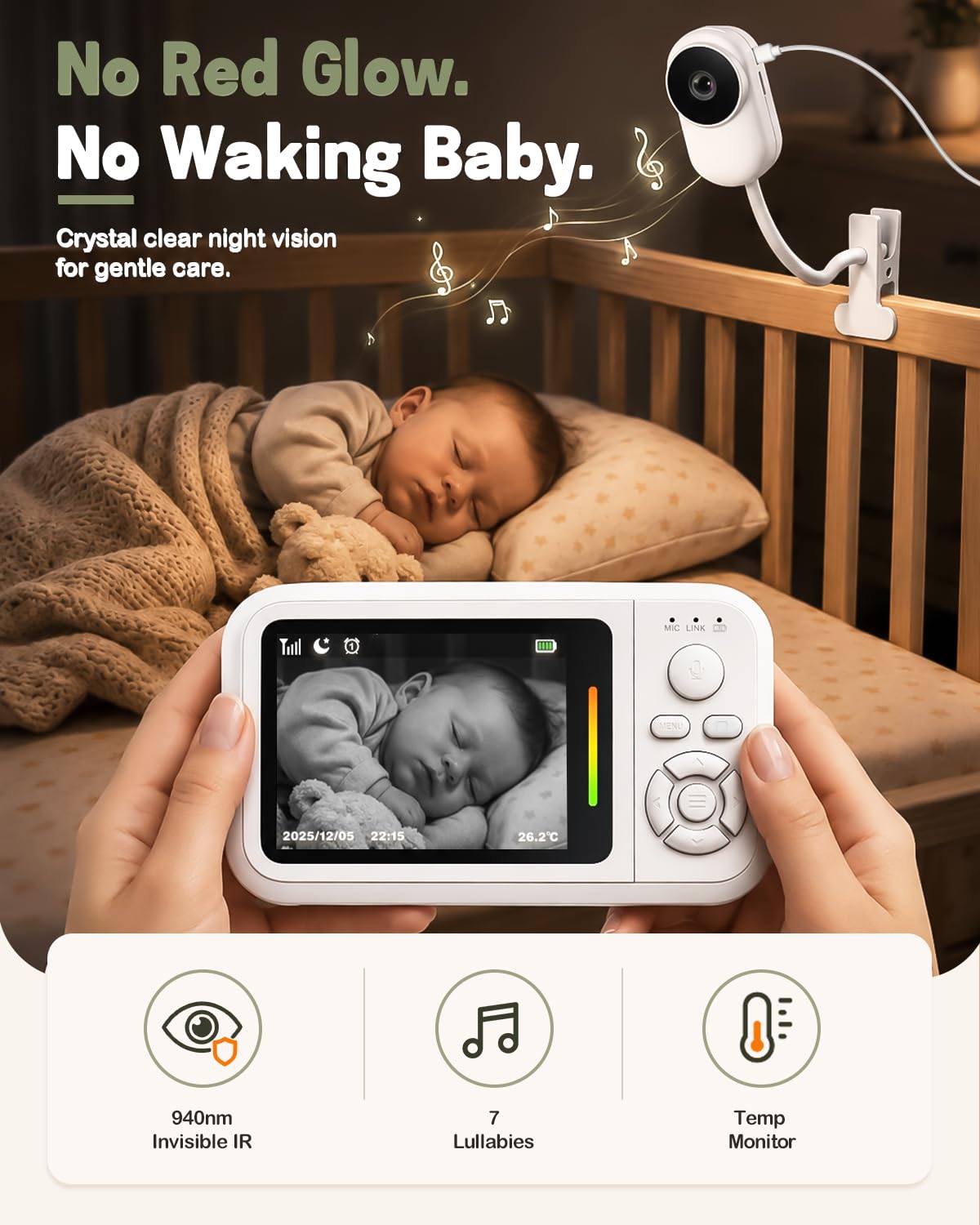 Monitor de bebé con cámara y audio, pantalla de 2.8 pulgadas, monitor de bebé sin wifi con clip para cuna y soporte, cámara portátil de viaje para cama de bebé con visión nocturna automática, VOX