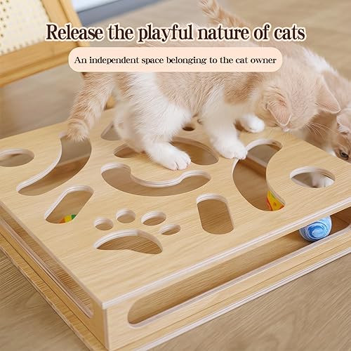 Miniatura 3 de Caja de juguetes interactiva de madera para gatos con 4 bolas, juguete interactivo para gatos de interior, juguete de caza, juguete de tratamiento,