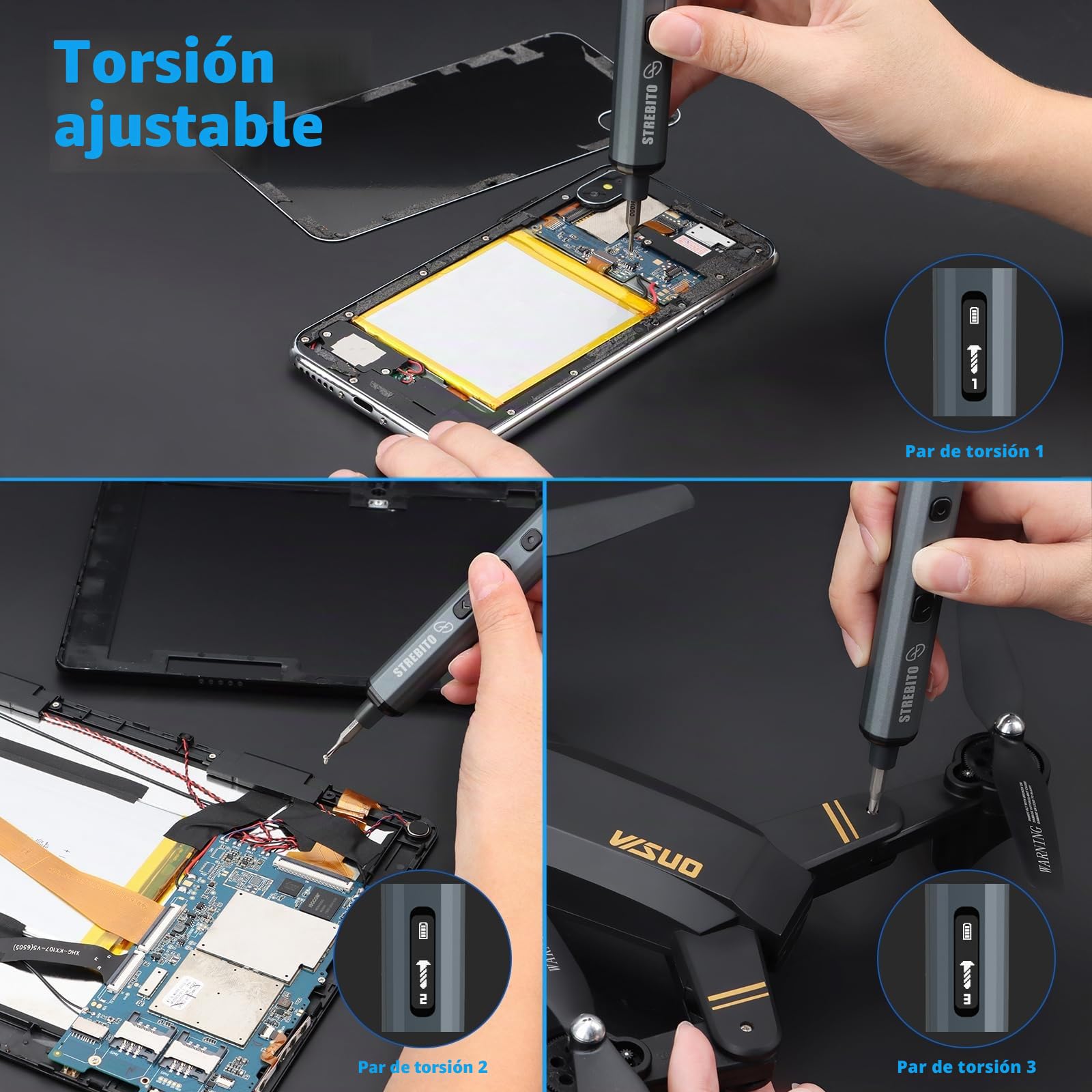 STREBITO Juego de mini destornilladores eléctricos, kit de destornilladores eléctricos pequeños 70 en 1 máximo con luces, 5 par mejorado, 64 puntas magnéticas, destornillador eléctrico de precisión