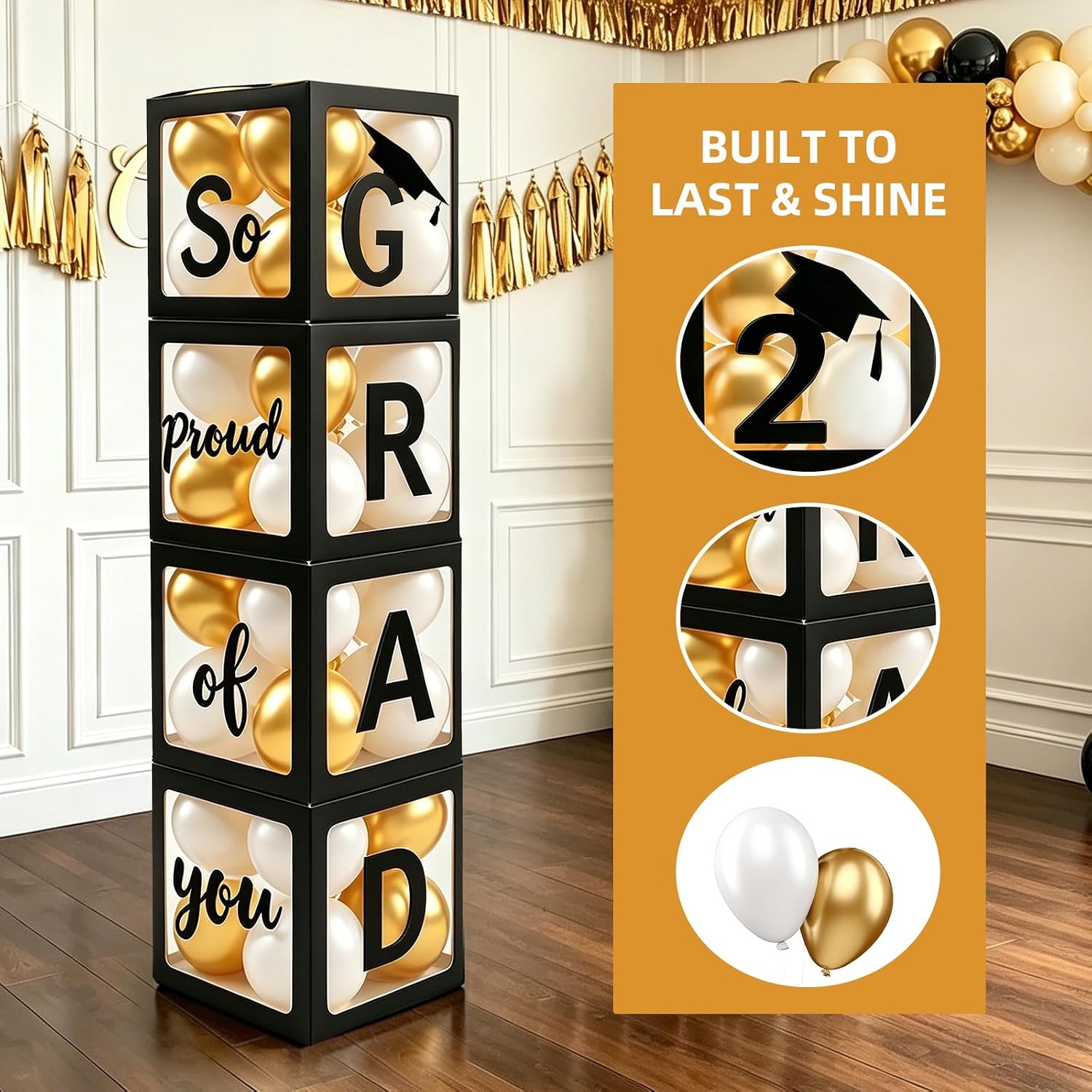 2026 Graduation Party Decorations - Black Balloon Boxes with Letters, "GRAD" & "So Proud of You" & "2026", 20pcs Balloons, Graduation Photo Props for High School College Class of 2026 Celebration