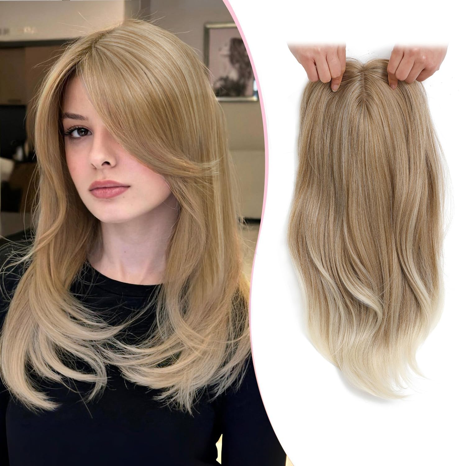 Megito Long Wavy Blonde Hair Toppers for Women 18inch Clip in Hair Topper Big Base Cover Thinning Hair Natural Straight Synthetic Fiber Hair