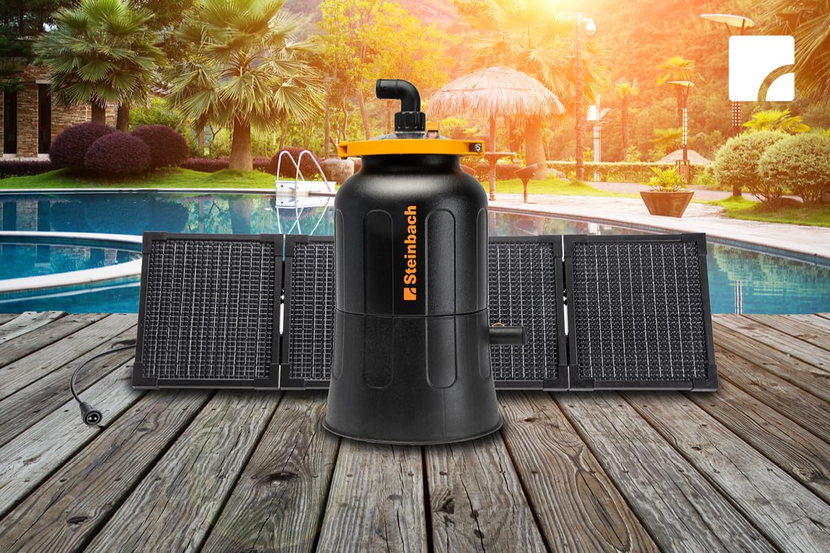 STEINBACH Solarfilteranlage FXS38 – 040603 – Pumpenleistung 4.500 l/h – Für Pools mit bis zu 19.000 l – Mit einem inkludierten faltbaren 80 Watt PV Panel – Inkl. 256 g Filter Balls