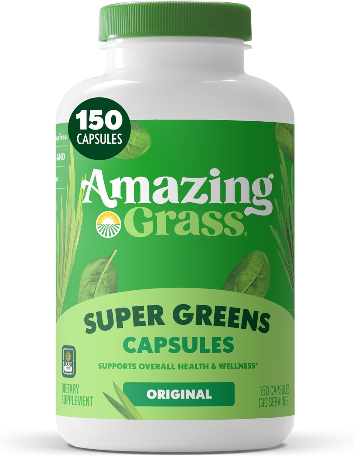 Amazing Grass Greens Blend Superfood Capsules: Super Greens with Organic Spirulina, Chlorella, Beet Root Powder, Digestive Enzymes & Probiotics, 150 Capsules (Packaging May Vary)