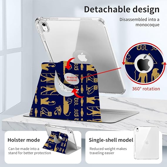 Rotating Case for ipad 10th Generation case,Cute 10.9 inch ipad case 10th Generation,360 Degree Rotating Protective iPad Covers, Smart Folio,Pencil Holder,Auto Sleep/Wake, Ancient Egypt