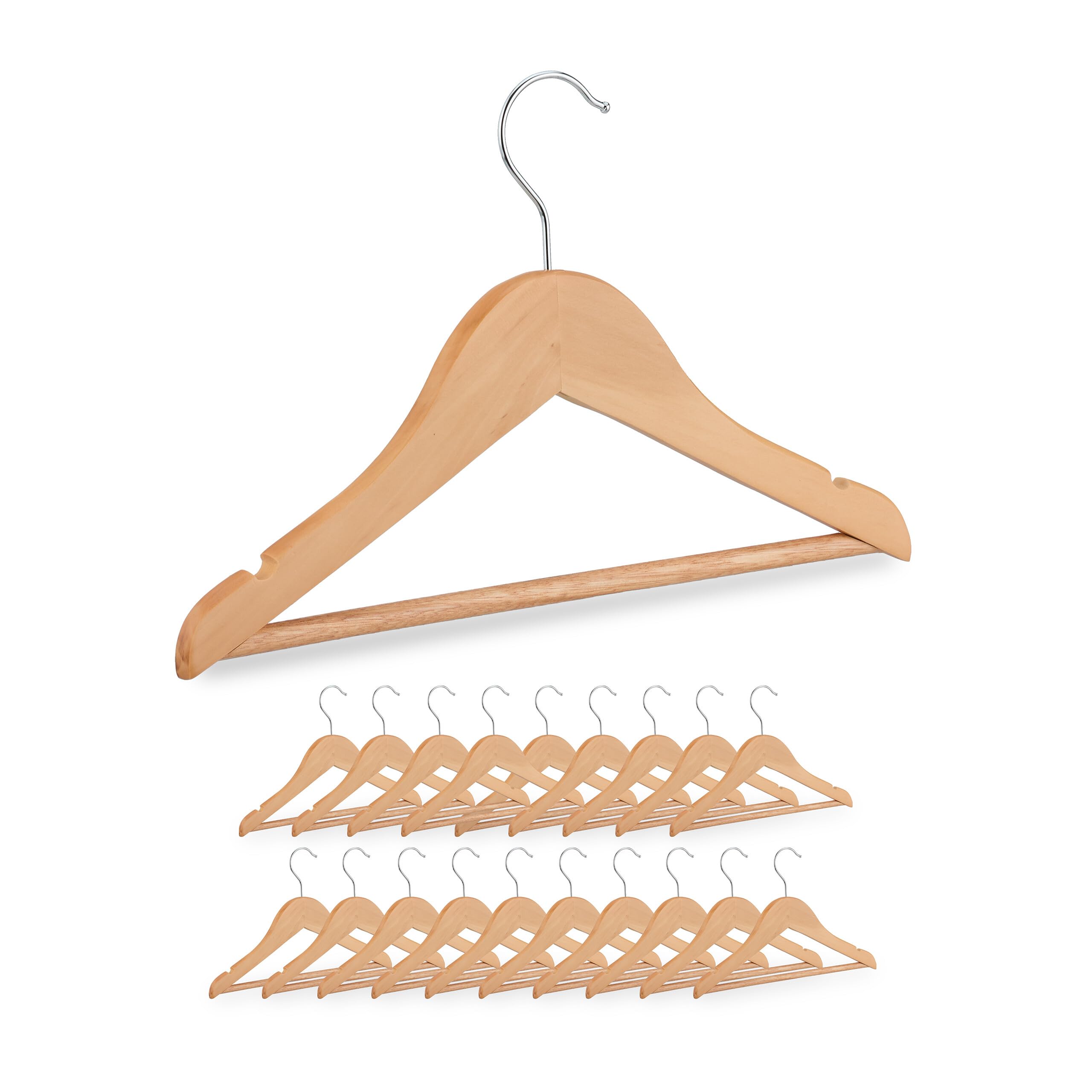 Relaxdays Kinderkleiderbügel, 20er Set, Holz Kleiderbügel, Baby und Kinder, drehbarer Haken, mit Steg & Kerben, natur