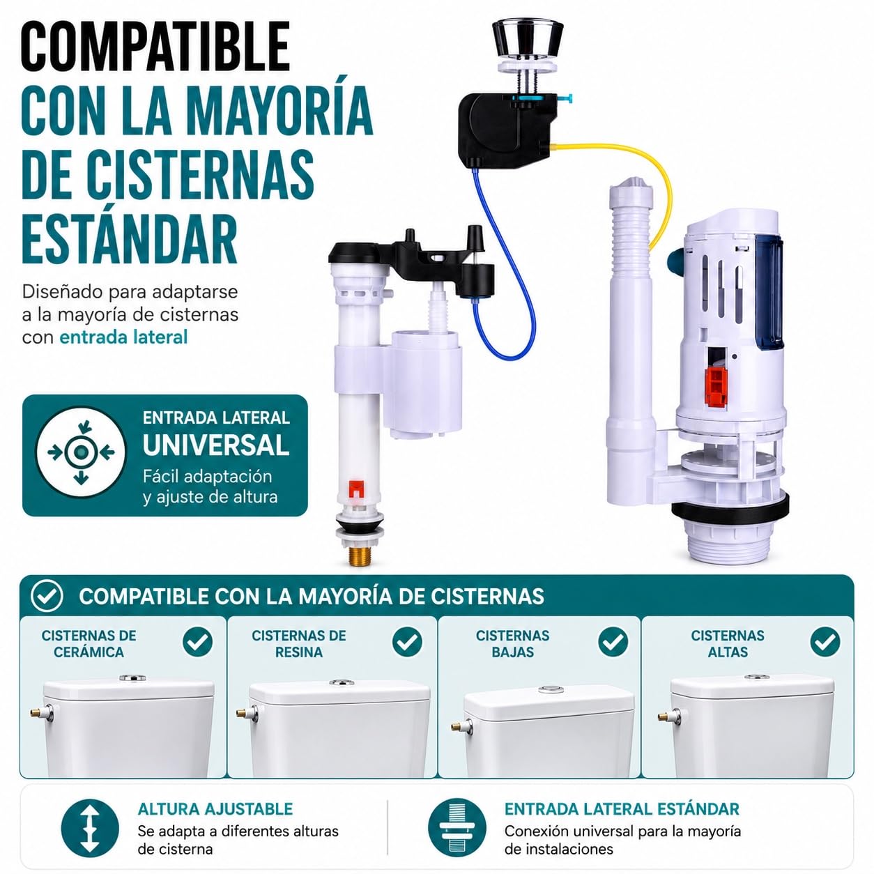 Mecanismo de descarga y llenado WC anti fugas de agua para cisterna de inodoro universal, con cable, doble descarga. (Llenado INFERIOR Ref. 0122401)