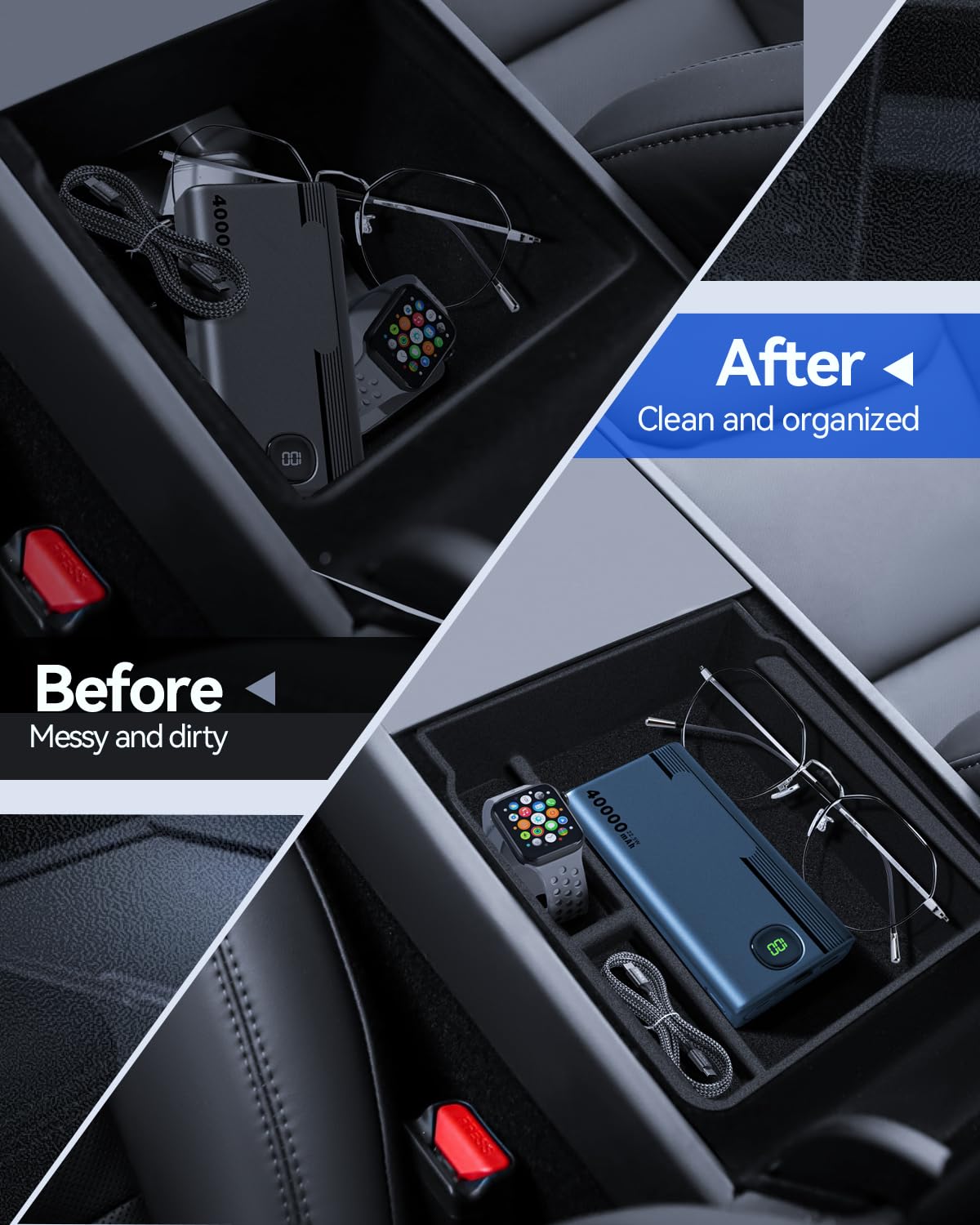3 Pcs Zubehör für Tesla Model 3 2024-2025 Mittelkonsole Organizer, Silikon Organizer Tray und Armlehne Aufbewahrungsbox (Beflockung)