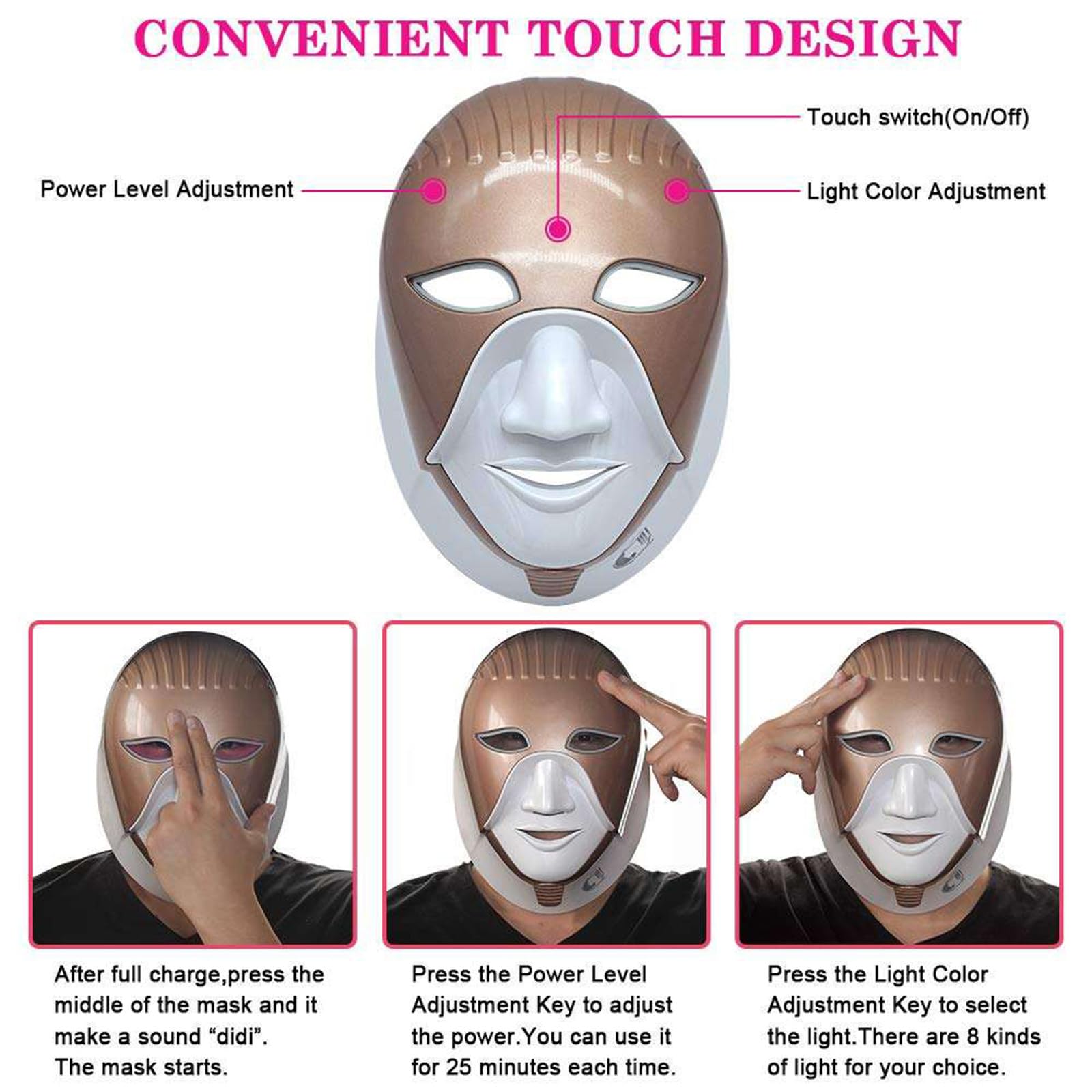 Instrumento de máscara Facial Led, instrumento de belleza para rejuvenecimiento de fotones coloridos, máscara de belleza recargable, herramientas de belleza,Gold