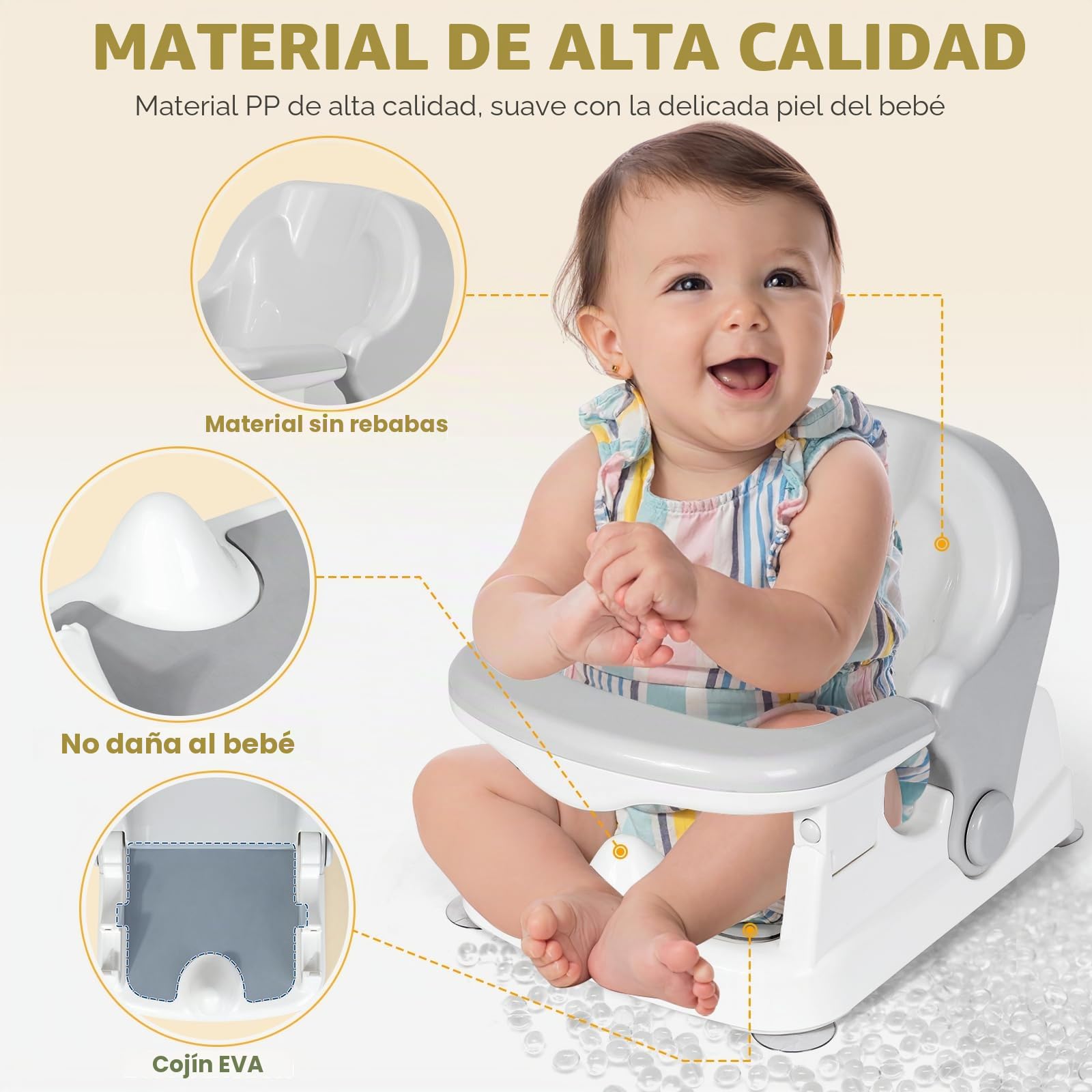 Orzbow Versátil Asiento Bañera Bebe, Estable Silla Bañera Bebe con Respaldo Regulable en Tres Posiciones para 3-24 Meses, Cómodo Asiento Baño con Cojín Antideslizante & Potentes Ventosas, Gris