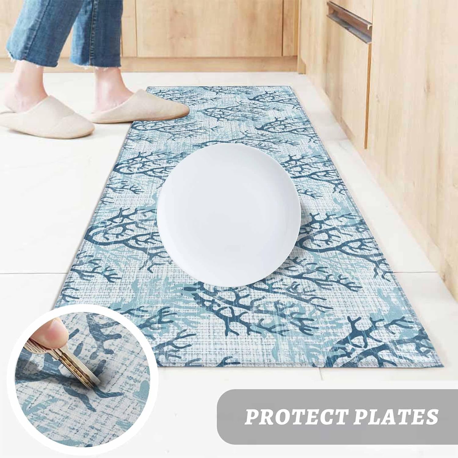 Teamery Kitchen Mats for Floor Blue Ombre Coral Abstract Washable Non Slip Kitchen Rugs 2PCS, Summer Ocean Corals Absorbent Standing Mats for Sink Bathroom Office Living Room 15.7x23.6in+15.7x47.2in